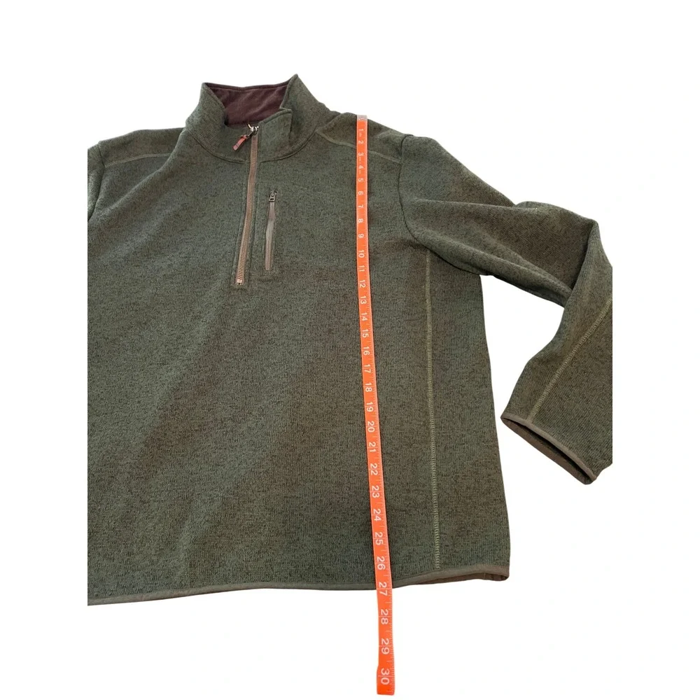 Lands' End Mens Sweater Fleece Quarter Zip Pullover Green Leather Trim Large